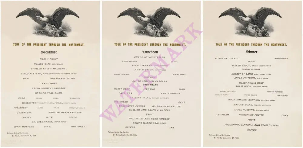 Tour Of President Theodore Roosevelt Through The Northwest 1902 (Breakfast, Lunch & Dinner Menus)