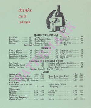 Trader Vic's, Honolulu 1950s  Drinks Menu