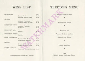 Treetops Hotel Kenya Menu
