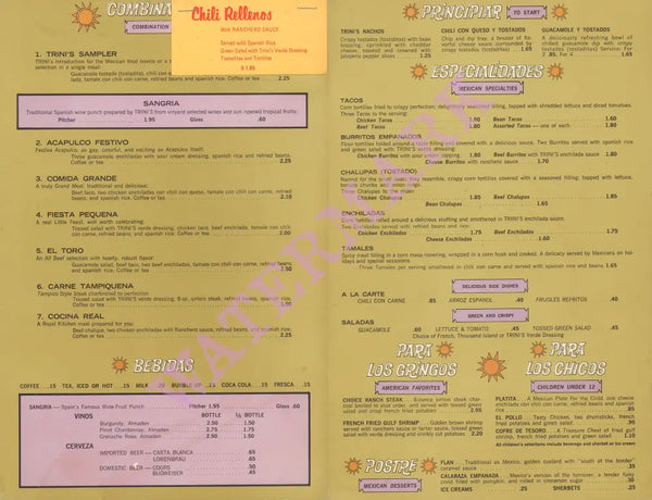 Trini's, California 1960s trini Lopex restaurant menu 