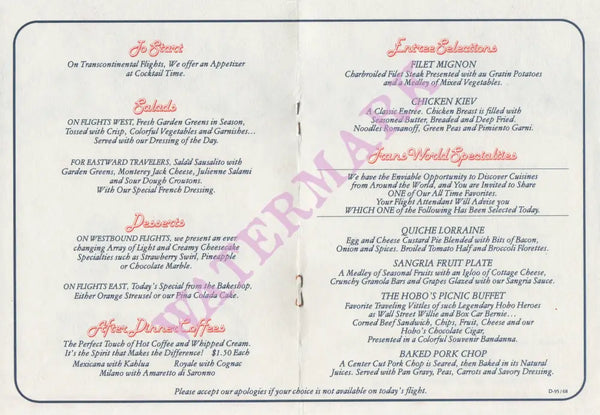 TWA In-Flight Menu 1970s