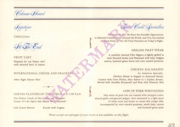 TWA Dublin, In-flight Menu 1970s In-flight menu