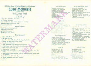 United Airlines 1956 Hawaiian Education Workshop “Luau Mokulele” Menu