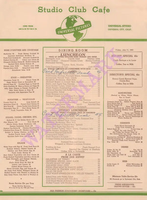 Universal Studio Club Café, Universal City 1941 Menu Design