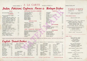 Veeraswamy, London 1959 Menu