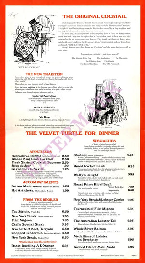 Velvet Turtle, Los Angeles 1970s Menu
