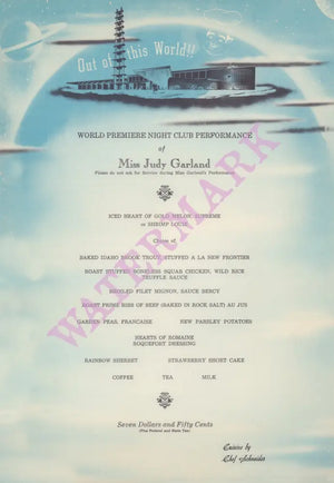 Venus Room Judy Garland Premiere, New Frontier Hotel, Las Vegas, 1956 Menu