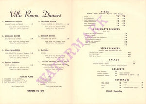 Villa Roma, Houston 1960s Menu