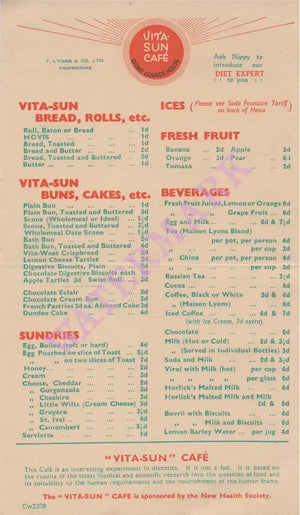 Vita-Sun Café, Lyons' Corner House London 1925s Menu