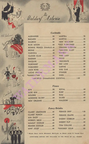 Waldorf Astoria Cocktails, New York 1930s Menu Art