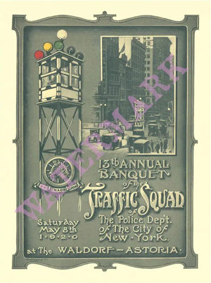 Waldorf-Astoria Hotel 'Police Traffic Squad' New York City 1920 Menu Art