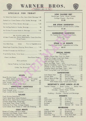 Warner Bros Commissary, Hollywood 1963 | Vintage Menu Art – food
