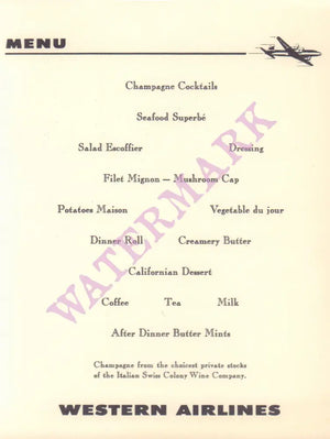 Western Airlines, Champagne Flight 1950s Menu