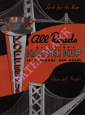 Will King's Koffee Kup, San Francisco 1930s Menu Art