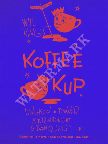 Will King's Koffee Kup, San Francisco 1940s Menu Art