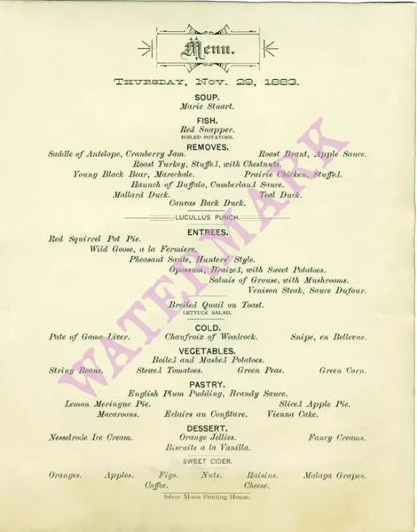 Windsor Hotel, St Paul, Thanksgiving 1883