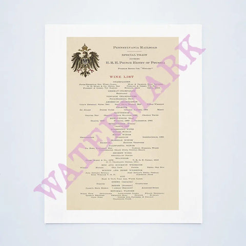 Wine List For Prince Henry of Prussia's Pullman Dining Car "Willard" 1902