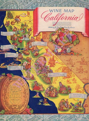 Wine Map of California by Ruth Taylor, Alameda Naval Air Station 1960s Wine List menu art