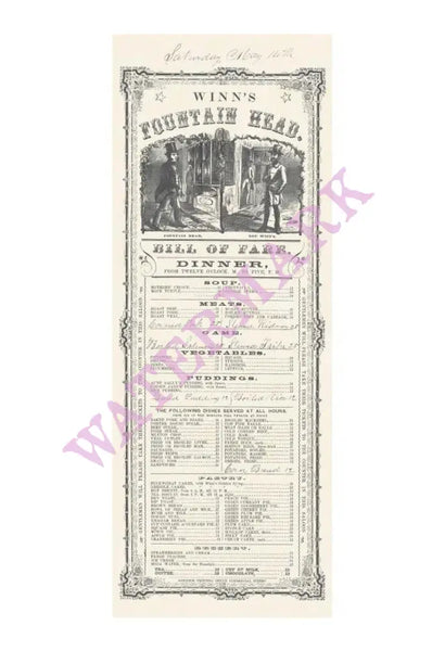 Winn's Fountain Head San Francisco (Circa) 1853 Vintage Menu