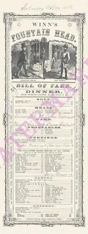 Winn's Fountain Head San Francisco (Circa) 1853 Vintage Menu Art