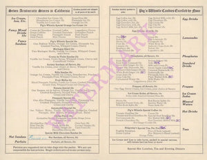 Ye Pig N Whistle Candies, California 1919 Menu 