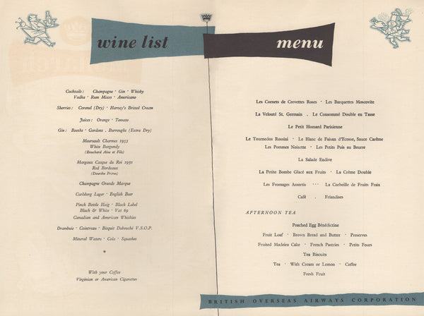 BOAC Monarch Service Menu & Wine List 1950s