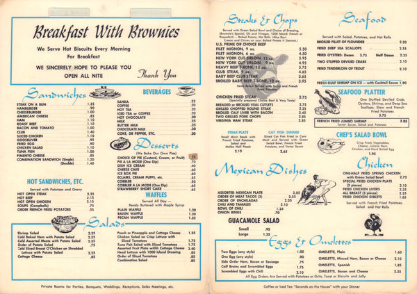 Brownie's, Dallas 1970s Menu