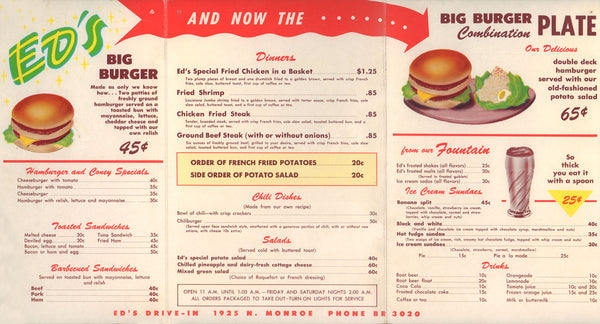 Ed's Drive-In, Spokane 1940s menu