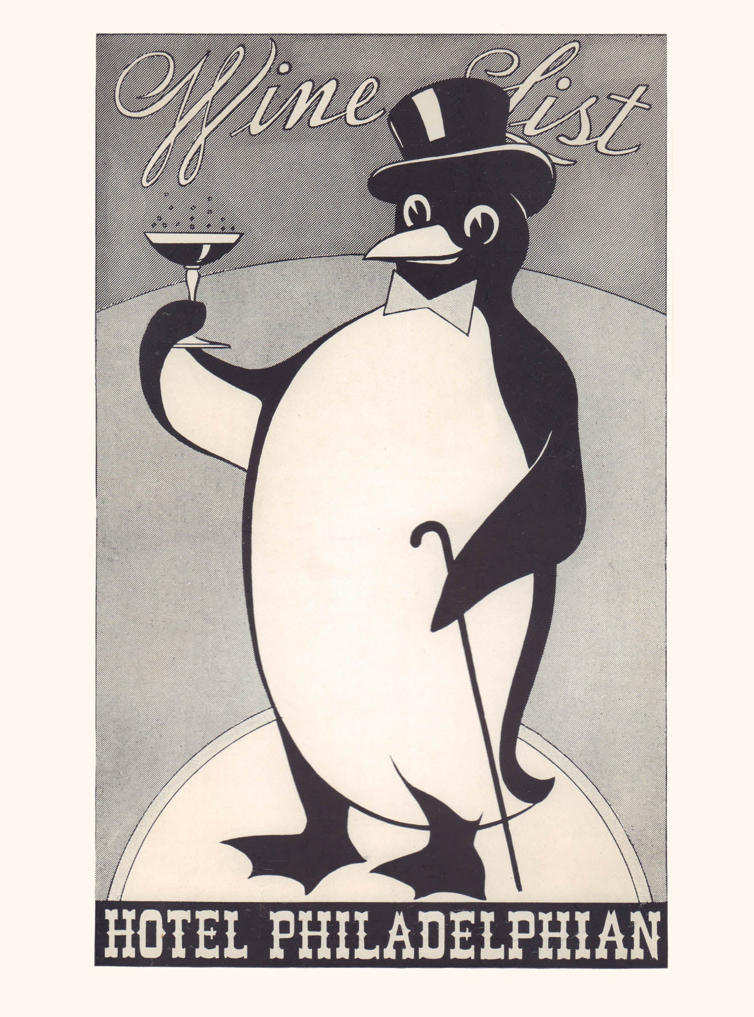 Hotel Philadelphian, Wine List 1940s Penguin menu art 