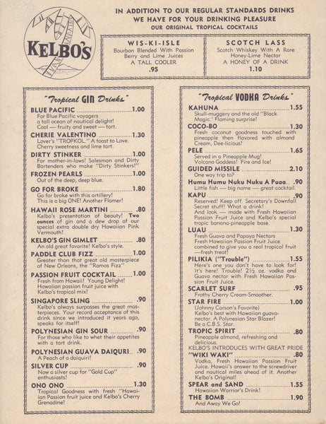 Kelbo's, Los Angeles 1963 Menu
