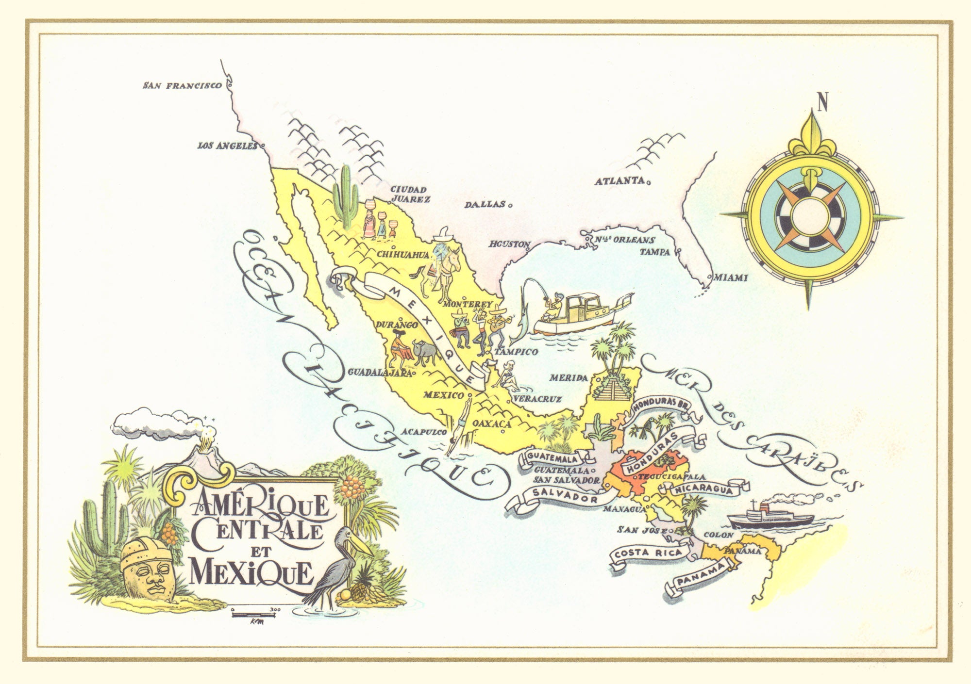 Pan American Amerique Centrale et Mexico 1960s Jacques Liozu Map menu art