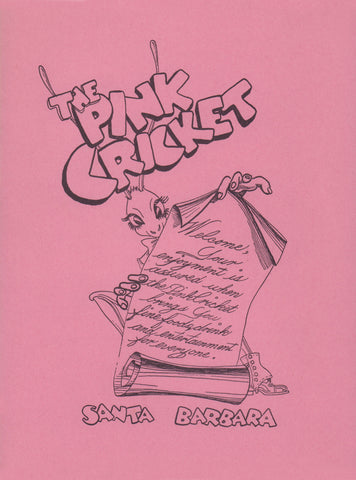 Pink Cricket Welcome, Santa Barbara 1960s Menu Art