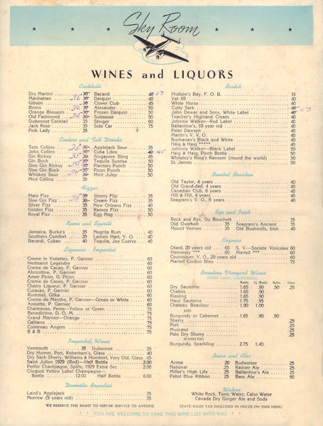 Sky Room, Lockheed Air Terminal, Burbank 1943 Wine List