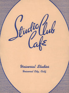 Studio Club Café, Universal Studios 1939 Menu Art