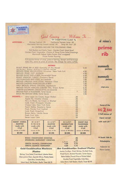 Al Reiner's Prime Rib, Philadelphia 1960s | Vintage Menu Art - food menu