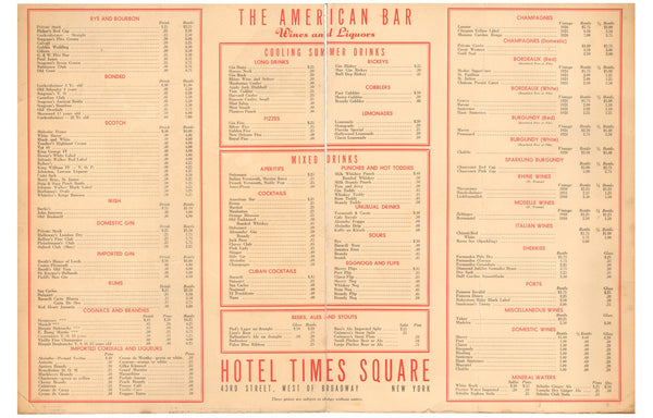 The American Bar Times Square Hotel Cocktail Menu 1930s