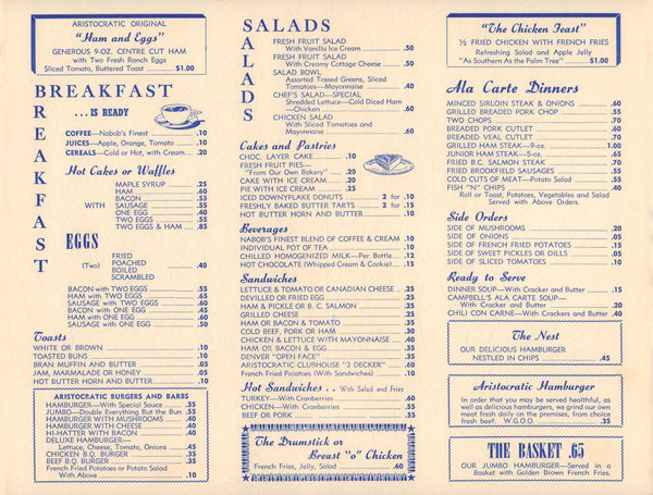 The Aristocratic, Vancouver, Canada 1952 | Vintage Menu Art - food menu
