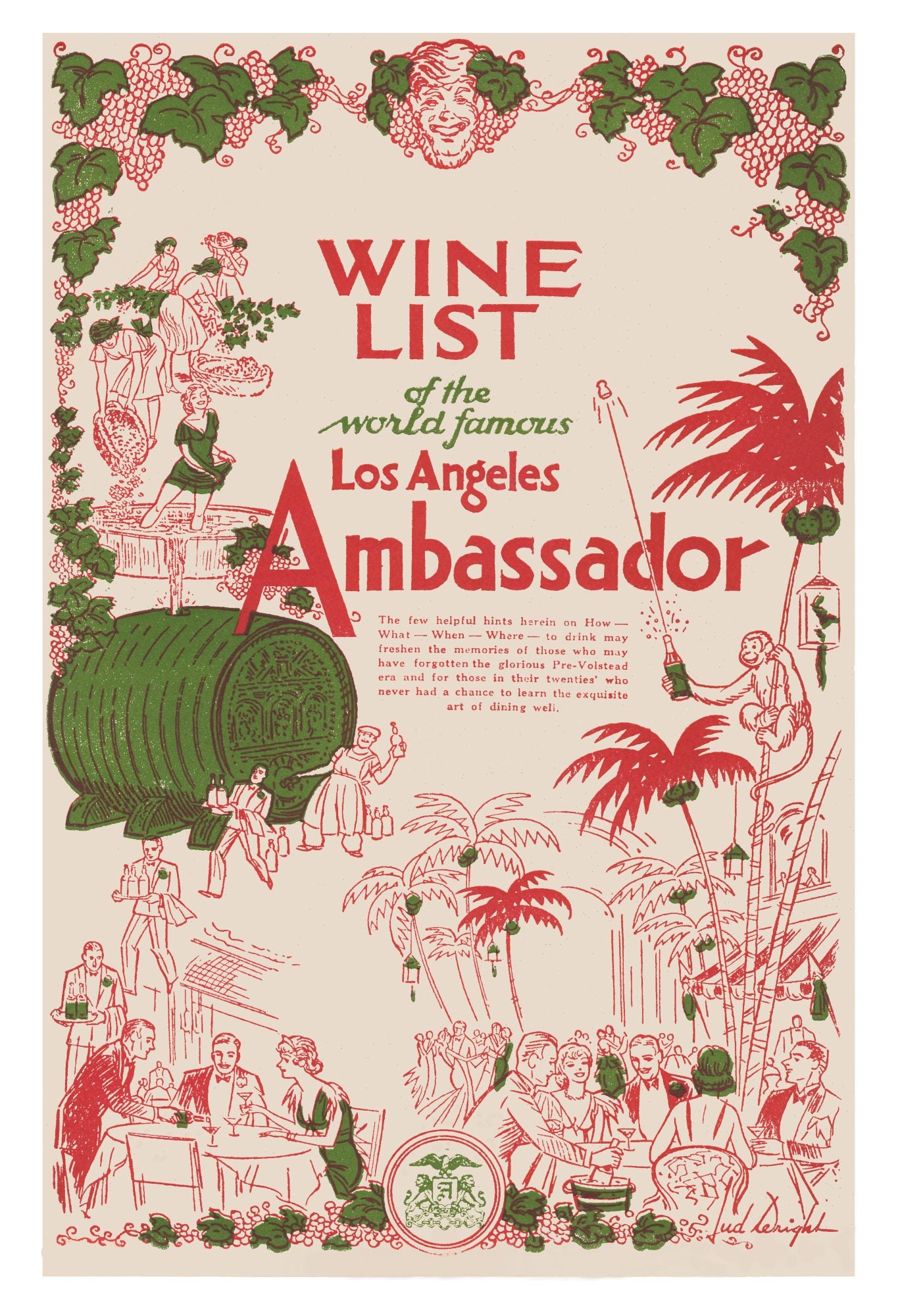 Ambassador Hotel 1934 Wine List Cotton Dish Towel | Vintage Menu Art