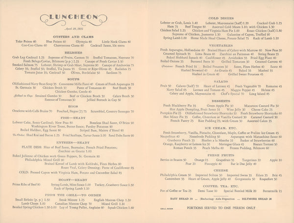 Hotel Biltmore, Los Angeles 1931 menu