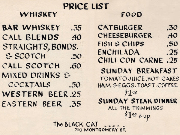 The Black Cat Bar, San Francisco 1950s Menu 