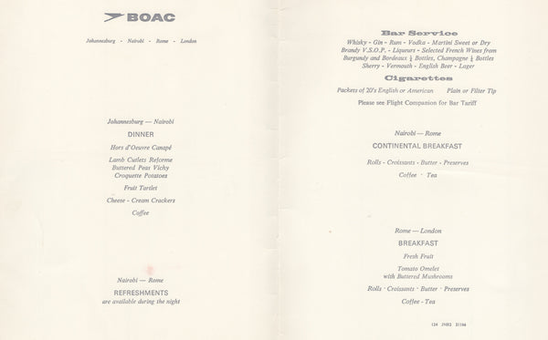 BOAC Johannesburg - Nairobi - Rome - London 1967 inflight menu 