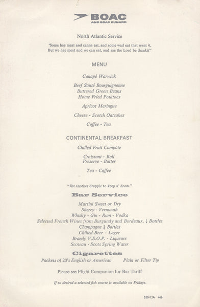 BOAC North Atlantic Service (London) 1967 inflight menu