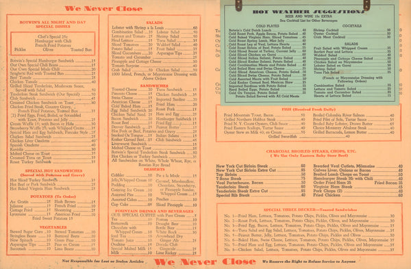 Botwin's, Los Angeles 1930s | Vintage Menu Art - dinner menu