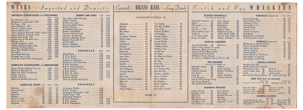 Brass Rail, Brooklyn 1942 Menu
