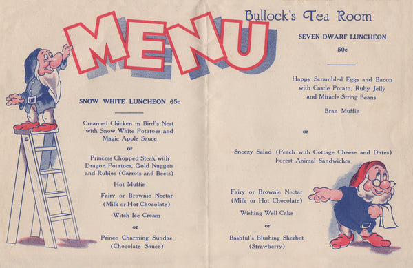 Bullock's Tea Room, Take A Bite With Snow White, 1938 Los Angeles Menu 