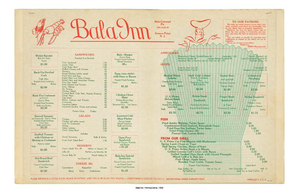 Bala Inn, Bala Cynwyd, Pennsylvania, 1950 Menu