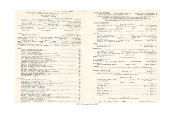 Billy the Oysterman vintage menu 1947 New York