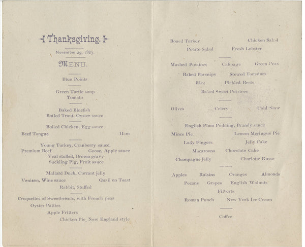 Briggs House Hotel, Chicago 1883 Thanksgiving Menu