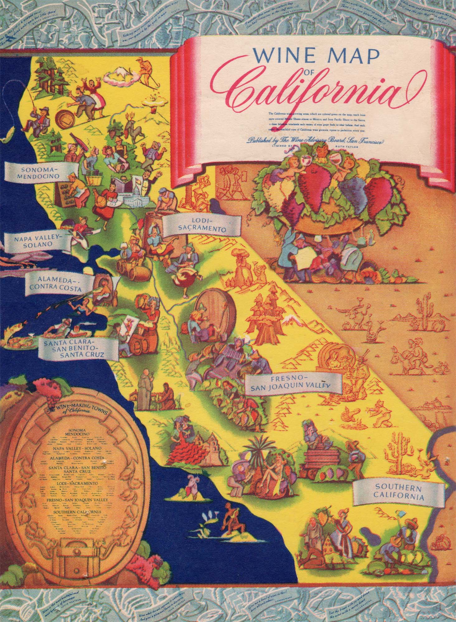 Wine Map of California by Ruth Taylor, Alameda Naval Air Station 1960s Wine List menu art