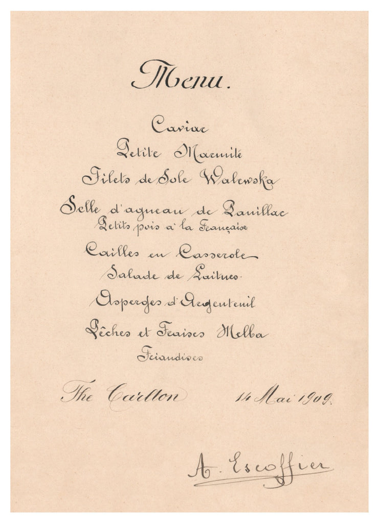 Auguste Escoffier, The Carlton, London 1909 Menu Art – Vintage Menu Art